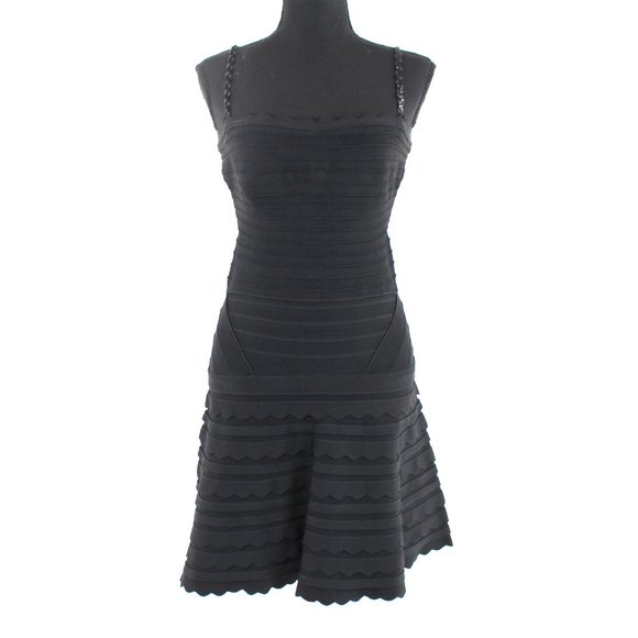 Herve Leger Black Phoebe Sequin Strap Fit & Flare Mini Dress M Striped Bodycon - Picture 1 of 8